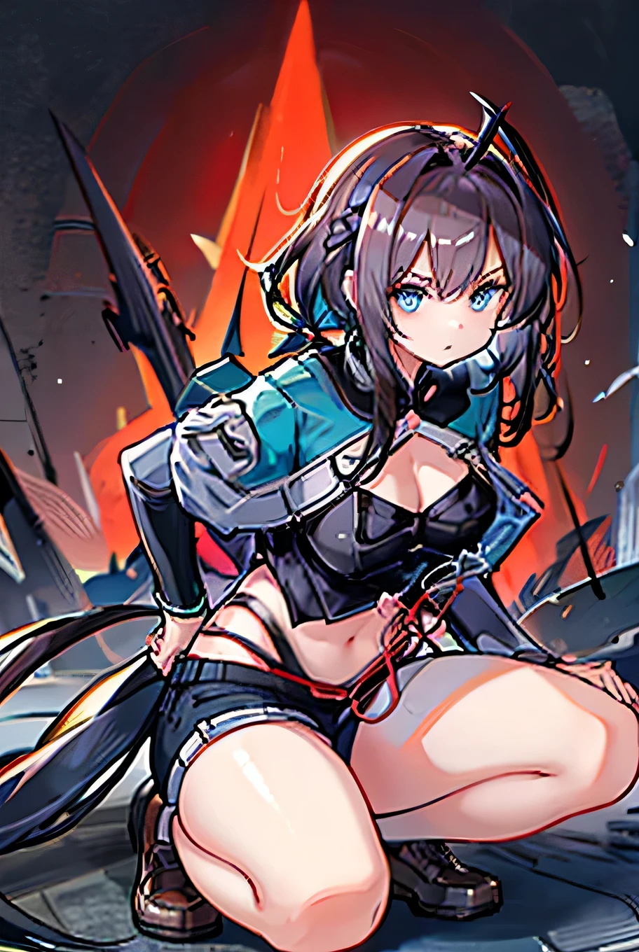 solo female, wearing bra, , (((blurry background, white background))), character focus, dynamic pose, holding weapon,