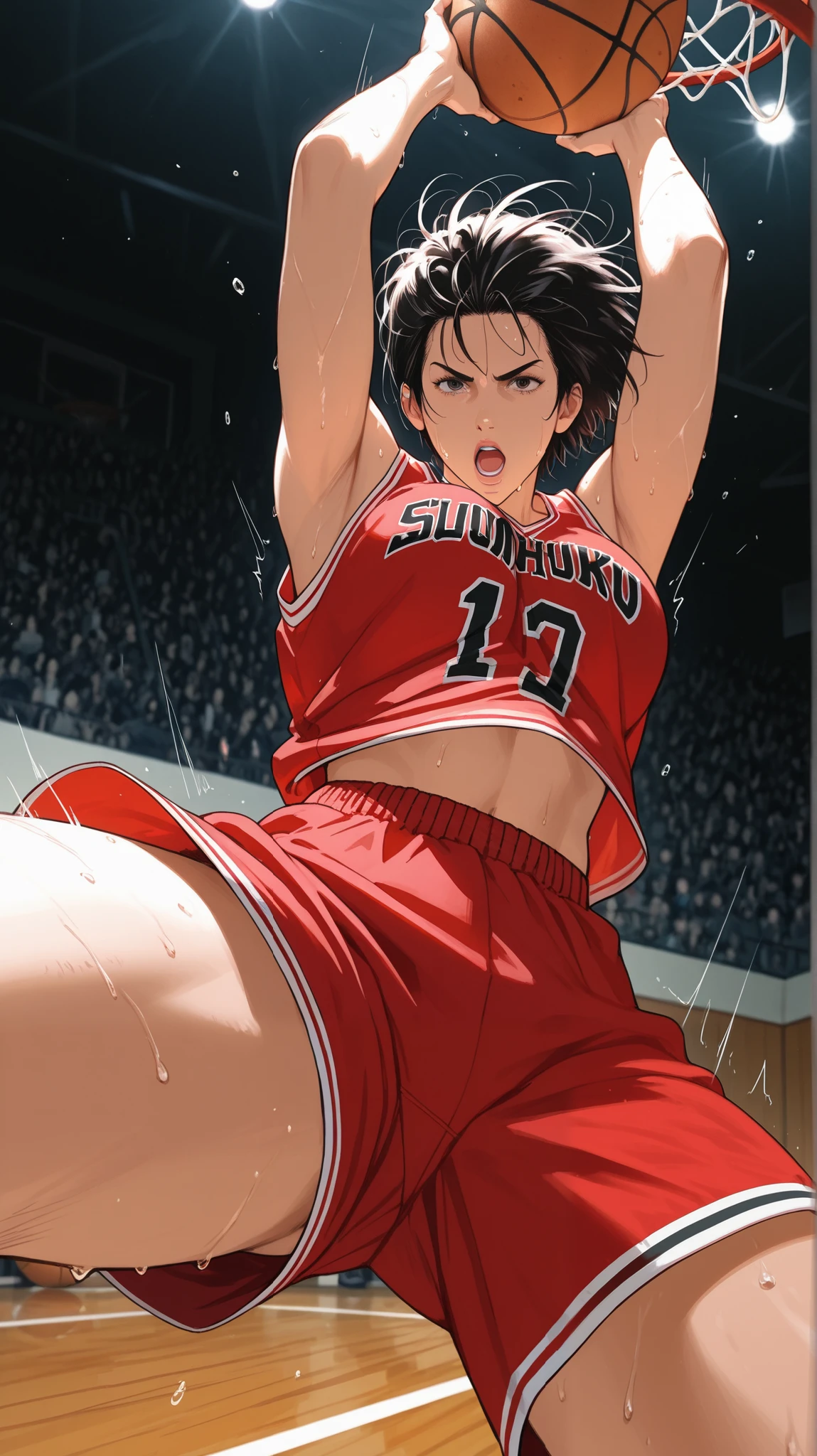 Anime-style, female basketball player, basketball player uniform, Dynamic poses, neon sweat effects, (((Slam dunk action, shot from bottom to top))),