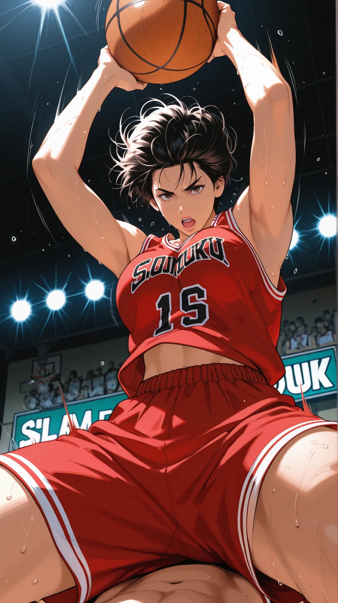 Anime-style, female basketball player, basketball player uniform, Dynamic poses, neon sweat effects, (((Slam dunk action, shot from bottom to top))),