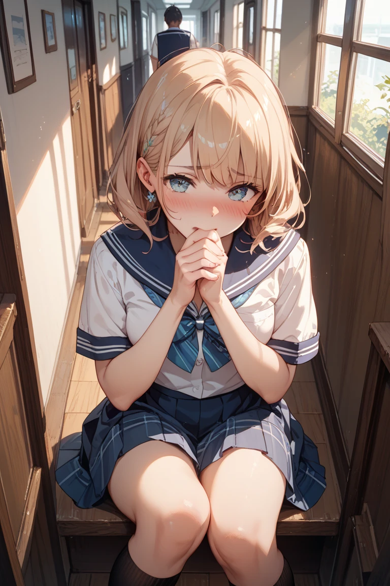 Heavy rain，(stormy atmosphere)，outdoors，highest quality, anime moe art style,Best Anime 8K Kona-chan Wallpaper，Pixiv contest winners，perfect anatomy, (Please draw a girl walking sleepily to school)，break, 1 girl, (13 years old:1.4)，high school student, (short hair), amount, (hair above one eye:1.9)，All limbs, full finger，medium breasts, between legs, small eyes，Precise blue eyes，hair clip, (sailor suit:1.5)，(school uniform:1.5) ，(wet clothes:1.5)，(skirt)，On the way to school，break，Super detailed,High resolution，super dense skin，professional lighting，8K eye details，(cute illustration:1.2)，blonde hair，(wet hair:1.4)，(bra visible through clothes:1.3)，No expression，(hair above one eye:1.2)，(Bawl)，(Embarrassed)，(steepled fingers)，(squatting)，(looking away), (half open mouth)，(white pants)