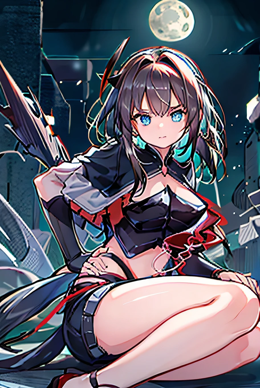 [ high quality] Wiš'adel   (arcane)  small dark blue horns , turquoise blue eyes, Hair tied with a ponytail, long ponytail,  dark brown hair ,  huge breasts, crouched, looking at the camera from the floor, hands on your knees,  shorts with a chain around the hips, short shirt, turquoise blue stencion,  brown hair, hair tied with a tail , Full media image, bottom: forest at night, Full Moon in the middle of the clear night sky, Lower knee camera