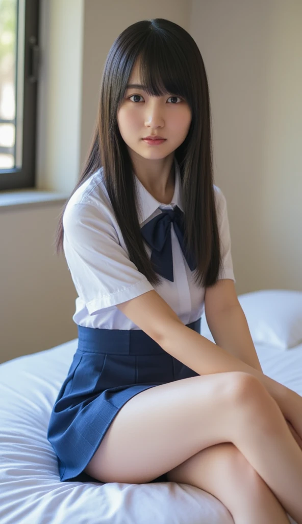 neat college girl、petite person、(student clothes、Sheer white shirt、Navy blue ribbon at the collar、Dark blue pleated micro mini)、(Slimed、small tit、flat boobs、small tit)、Photorealsitic、detaileds, Skin Texture, ultra-detailliert、Delicate and sexy collarbone、Super Detailed Face、Detailed lips、A detailed eye、二重まぶた、Sitting on legs bending the knees、Squatting、White panties are visible from the skirt、sexy pose