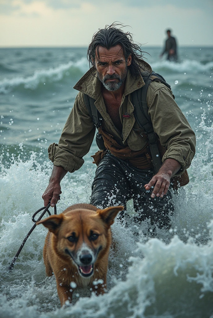 Flood man on boat saves dog most realistic photo highest quality