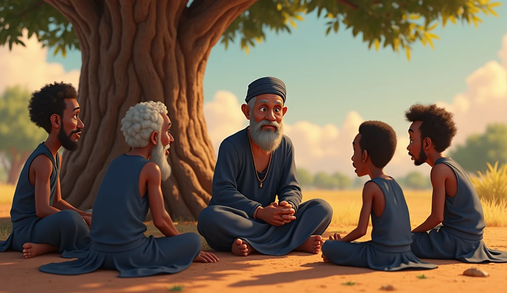 image of an ancient indian setting there a sage is teaching students something in an ashram next setting called as Gurukul outside the his house also show the guruma make the image more paining vintage than realistic we don't want it can be in the form of a painting the students are all boys and are sitting make the period 1500 bce make the image in thr form of watercolor more oldage show animals too small kids nature