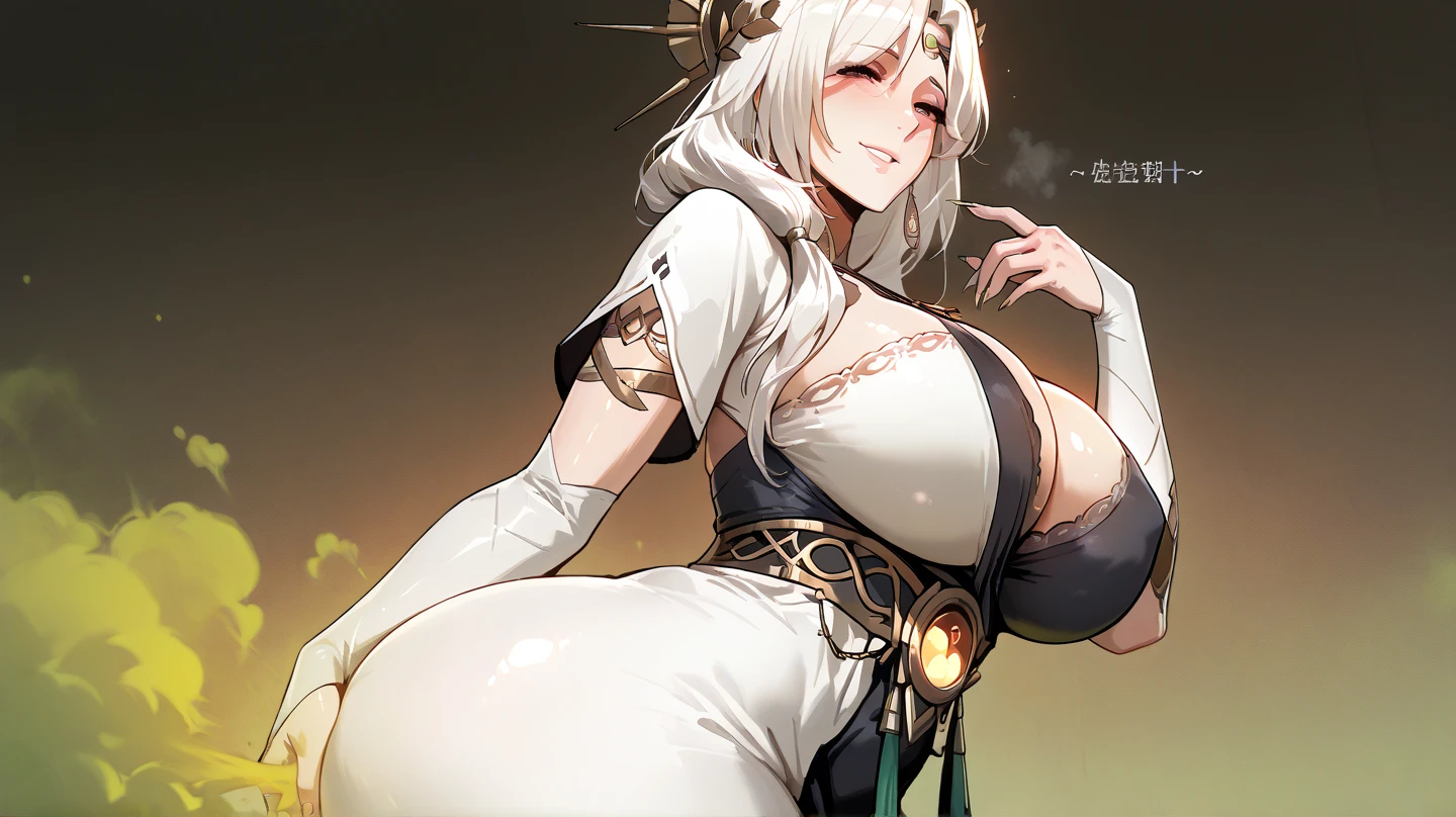 {{upper body, POV}} {{Artist: shexyo}} 1girl, mature female, elv, white dress, (big breasts:1.3), smiling, offering tea