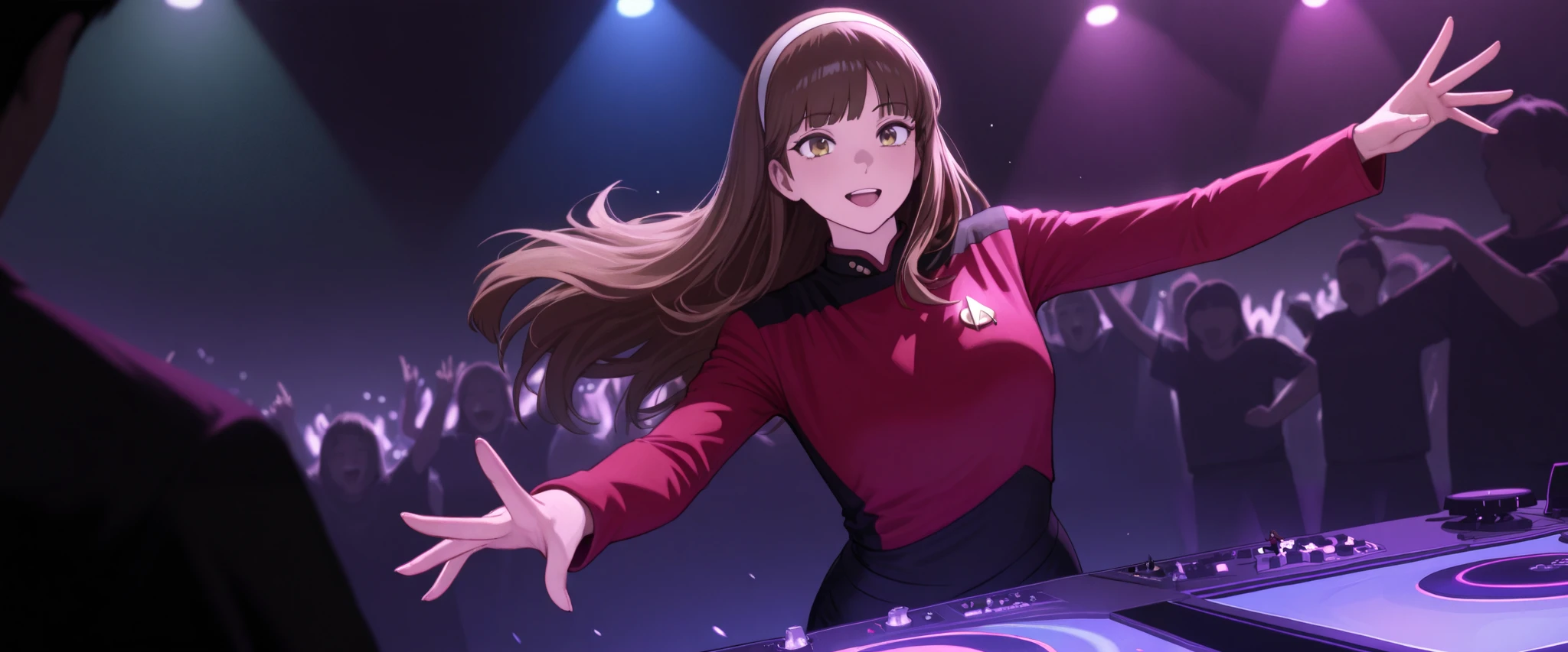 masterpiece,best quality,
,solo,,hairband , brown hair,long hair,bangs,in a indoor rave scene club in hair,multiple colourful strobes lights, hyped energetic jumping wild , DJ, DJing at rave with crowd, TNG red uniform,black pants ,