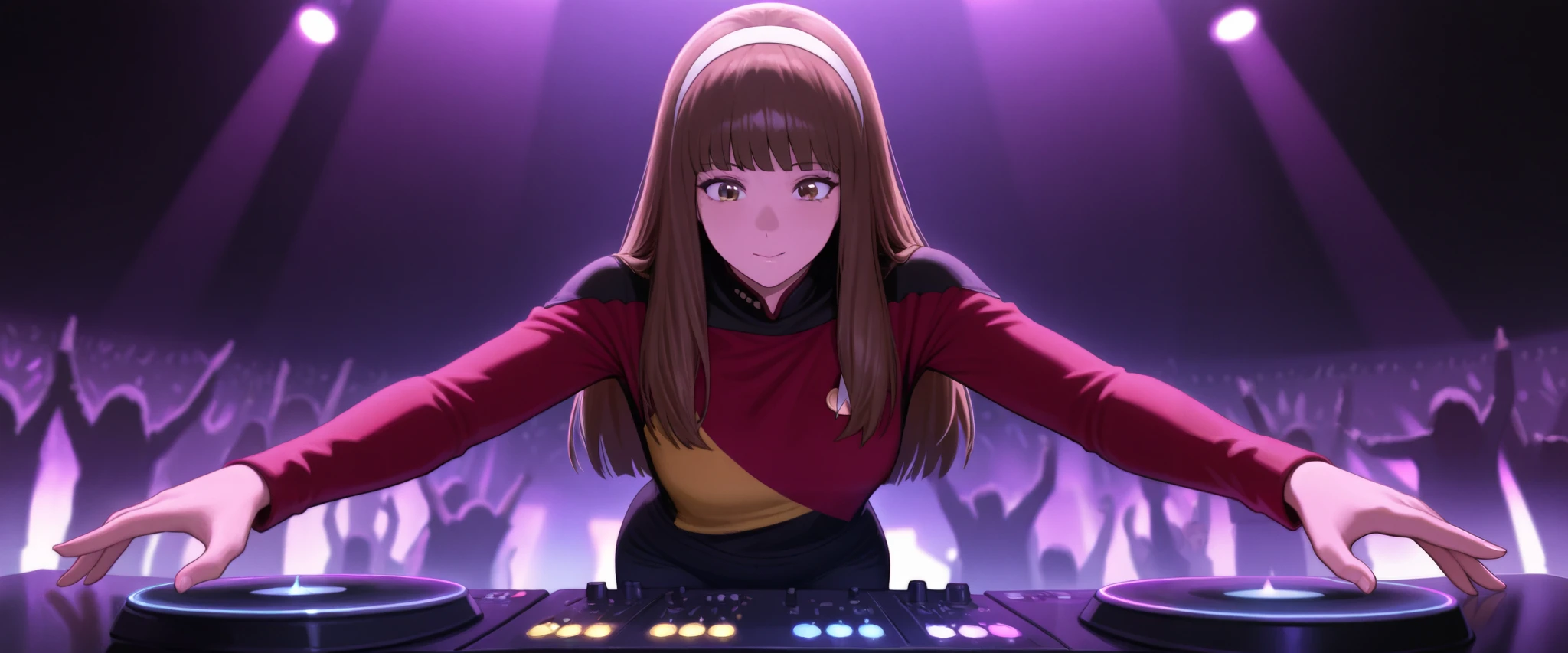 masterpiece,best quality,
,solo,,hairband , brown hair,long hair,bangs,in a indoor rave scene club in hair,multiple colourful strobes lights, hyped energetic jumping wild , DJ, DJing at rave with crowd, TNG red uniform,black pants ,