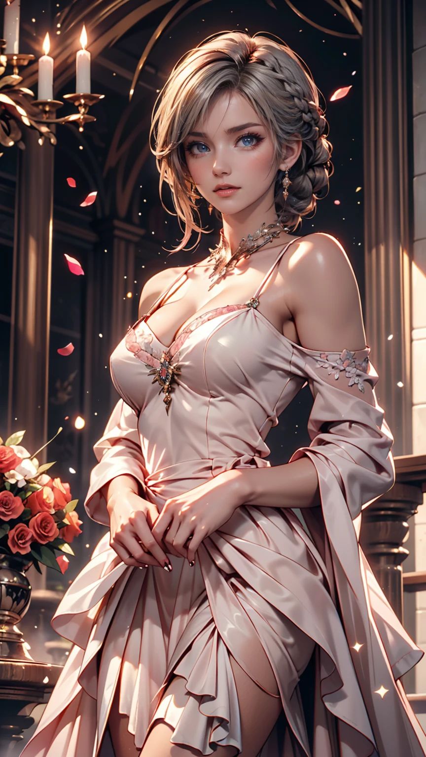 One girl, length_hair, bright_hair_color, Fascinating_eye, mysterious_Performance, mature_exterior, glamorous_Costume, Flowing_dress, elegant_jewelry, Complex_Decoration, magic_symbol, Shine_accessories, Portion, Scroll, cute_accent, bow, ribbon, Flowers,