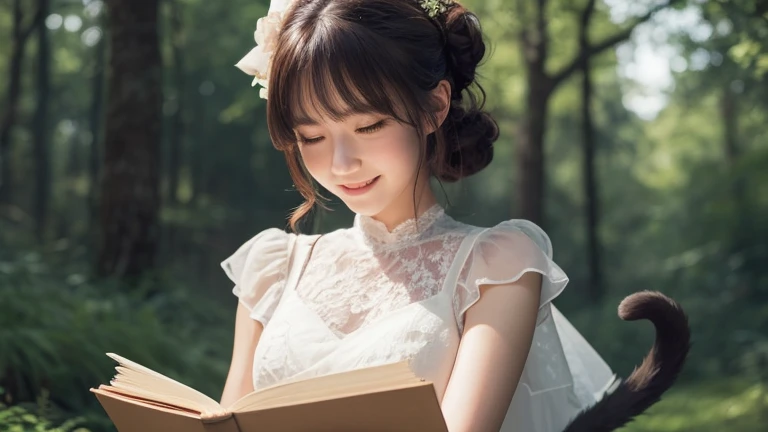 (In the picture frame:1.5), (Reading a book: 1.5), (Realistic book shape: 1.5), (5fingers in total: 1.2), 5fingers, complete 5fingers, (natural 5fingers:1.5), Natural nail shape, (natural nails: 1.5), natural book form, one book, The model wears an elaborate headpiece made of leaves, flowers, and vines that frame her face as they cascade down. Her makeup is done in tones of green and gold with a nature theme. She is reading a book with a Mona Lisa-like smile. The overall color palette is a bright spring green, accented with warm sunny effects, (raw photo, best quality), (realistic, photo-realistic:1.3), clean, masterpiece, finely detailed, masterpiece, ultra-detailed, highres, (best illustration), (best shadow), intricate, bright light