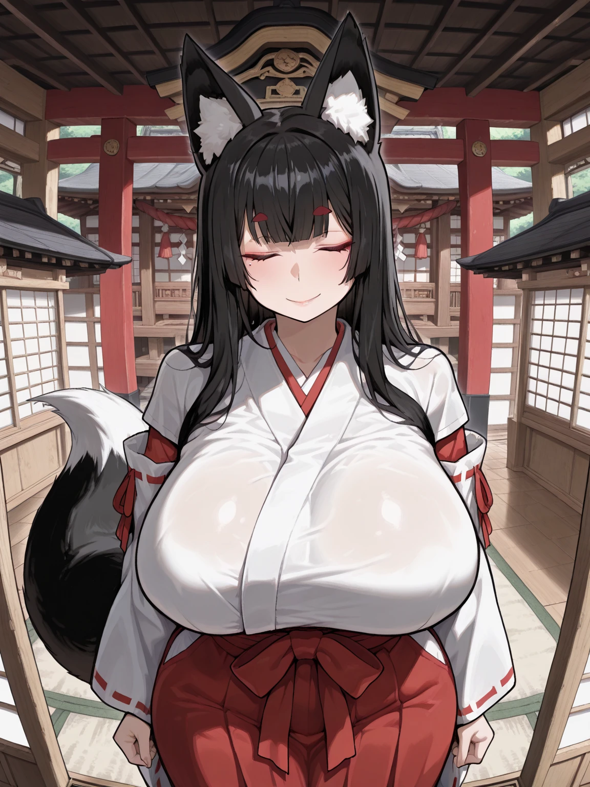1 girl,hakama,wolf tail,wolf ear,black long hair,big breasts,sit astride,cum,drooling,right pupils,crouching,claw pose,girl_on_top,straddling