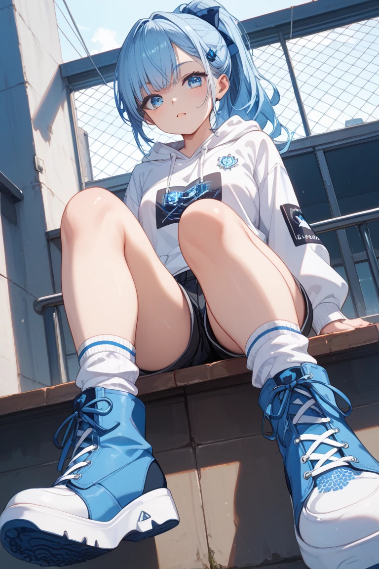 rezeroRem, Rem, blue eyes, Blue Hair, hair ornaments, Hair on one eye, hair ribbon, short hair, x hair ornaments,Baseball cap,Riders jacket Open front,red v neck t shirt,mini skirt,Black knee socks,short boots,Sitting leaning against a wall,rain,Hiding under a roof,whole bodyがイラストに入るように,
break outdoors, Alley,
break looking at viewer, whole body,
break (masterpiece:1.2), Highest quality, High resolution, unity 8k wallpaper, (figure:0.8), (Beautiful attention to detail:1.6), extRemely detailed face, Perfect lighting, extRemely detailed CG, (Perfect hands, Perfect Anatomy),
