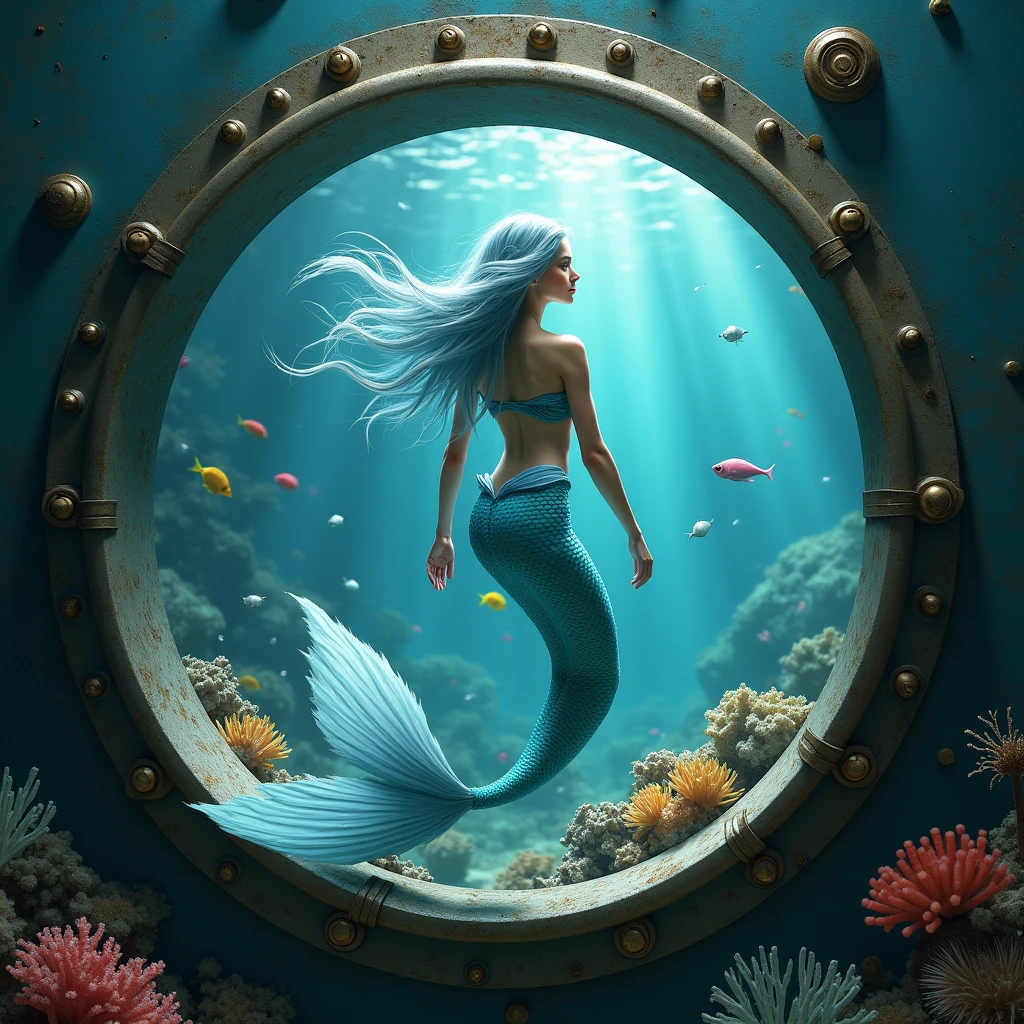 Young mermaid peering through the porthole of a ship with a delicate and beautiful face, bright blue scales, long flowing red hair and bright blue eyes, against a magical underwater world setting with sea creatures and plants around it, --v6