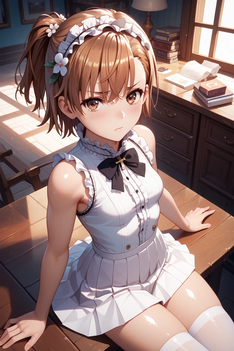 irohaisshiki, iroha isshiki, long hair, brown hair, (brown eyes:1.5), Smile, smile, open your mouth,side ponytail,blush,smile,Maid clothes,bare chest,Medium chest,she was wearing a long skirt, black pantyhose, sitting cross-legged on a chair,So that the whole body goes into the illustration,
break indoors, coffee shop,
break looking at viewer,
break (masterpiece:1.2), highest quality, High resolution, unity 8k wallpaper, (shape:0.8), (fine and beautiful eyes:1.6), highly detailed face, perfect lighting, Very detailed CG, (perfect hands, perfect anatomy),