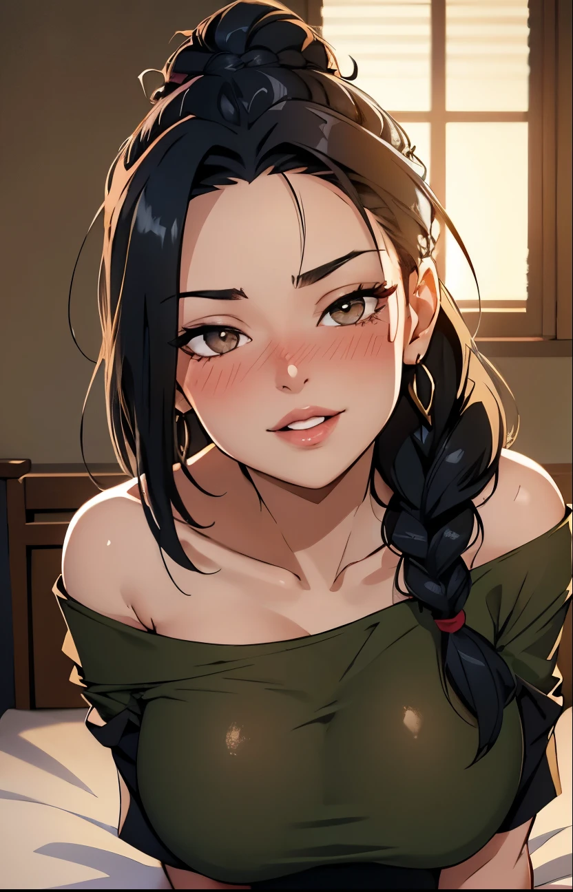 Amazing portrait of a sexy woman with her black hair in a single braid having a long forehead with seductive eyes and her lips parted smiling with the deepest blush wearing an off shoulder olive green t shirt and blue short shorts lying on the bed being very seductive and aroused