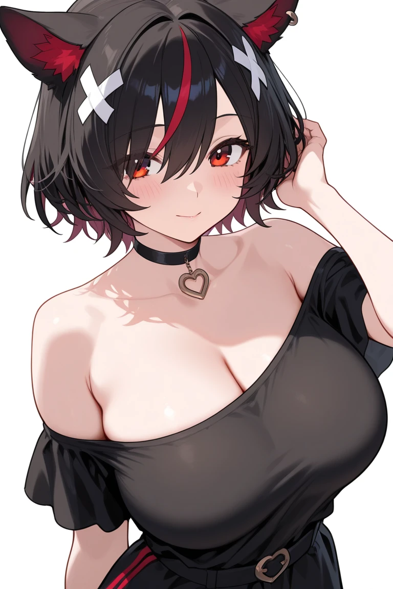 Amazing portrait of a cute goth woman with her short black hair in a bob hairstyle and she's wearing heavy eyeliner around her eyes and she's gazing at you seductively she wears an off shoulder t shirt that is orange and black with black bra straps
