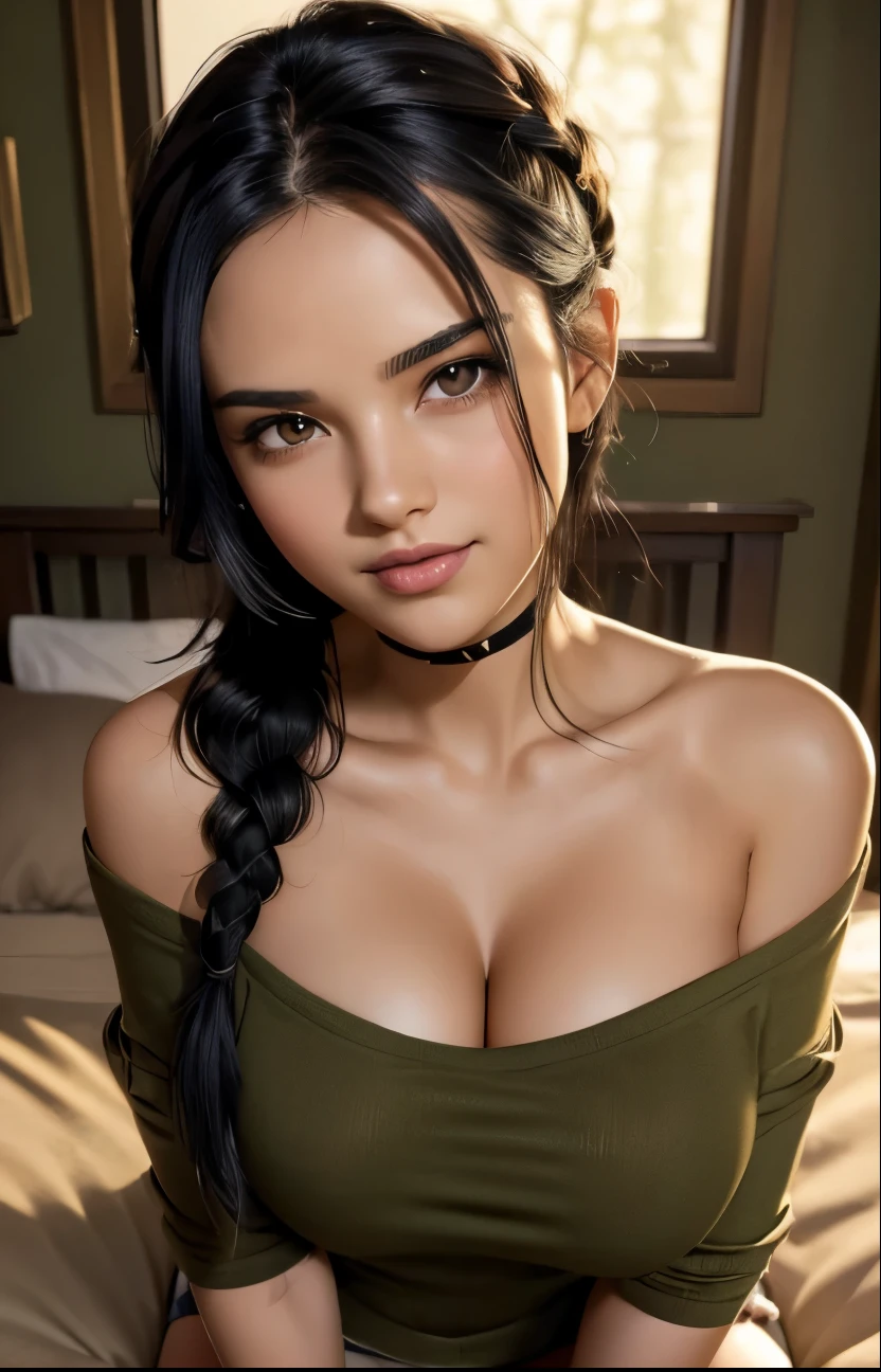 25 years old, serious face, black hair, green eyes, BILLI ELLISH, singer, mature, busty