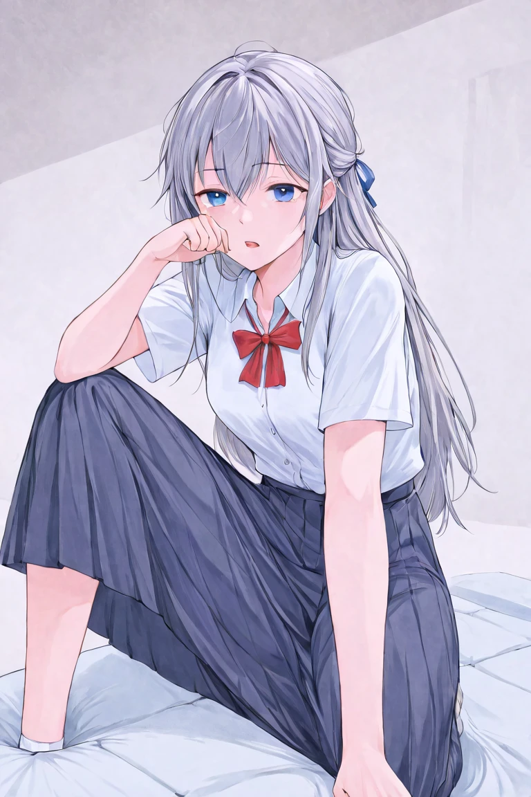 Holding in pee,superfine illustration, Perfect Anatomy, Best Quality, Hires, amazing shading, Beautiful skin, 1 , nose blush, Saliva, ???????, Close eyes, ,School Uniforms , Full body, Yor, touches crotch, (Rubbing the crotch with your hands:1.2),By School Classroom,The background is the classroom, suggestive pose,