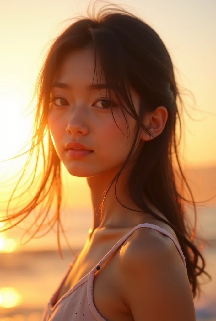 Hair blowing in the wind、Wet Skin、Wet Hair、Wet clothes、Pacific island at sunset,A cute girl with a face like a Japanese idol,((Cinema Lighting),(Natural light),(High level of artistry),(artistic),(Indistinguishable quality from the real thing),{{RAW Photos}},{{Genuine}},High resolution,masterpiece, beautiful, Handsome Tomboy, Looks like a salon model, ((Cool face)), Neutral facial features, Cowboy Shot,  nsfw:1.4、Puzzled、Shyness、sleepy、Spoiled、Bisexual:1.2, Micro bikini with an emphasis on bondage fashion&#39;