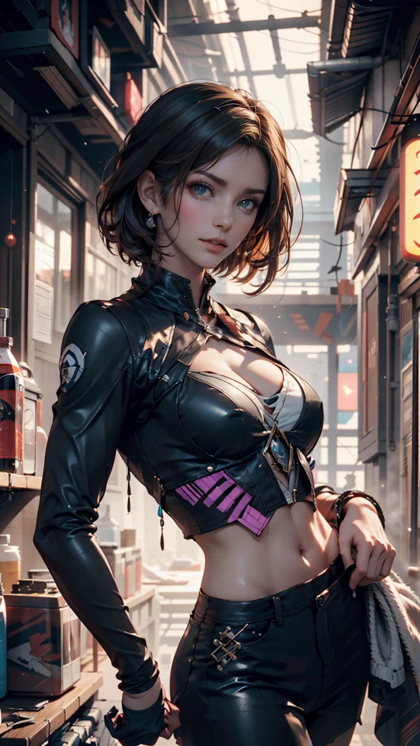 Best Picture Quality、Exceptional detail、Ultra High Res、(Realism:1.4)、Best illustration、Prefer details、Highly Condensed 1 Mature Mature Girl、Delicate and beautiful face、Dressed in black and white mechs、Riding a big motorcycle、Background is a high-tech lighting scene in a futuristic city、Beautiful cybernetic girl looking at a realistic masterpiece of detailed muscles in underwear on camera、Gold Parts、bangs、Short hair、Skin details、 Beautiful Breasts, Blushing,photorealistic, realstic face, Realistic Eyes,(((cleavage between breasts)))。
