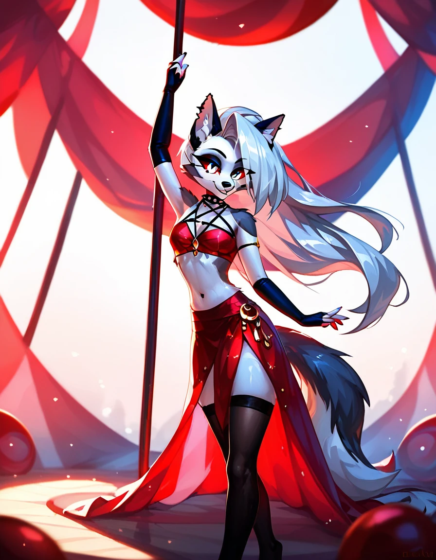 Loona, hellhound, sexy navel, sexy skinny body, demon bellydancer, red dress, red shirt, red gloves, jewelry, bloody moon, seductive belly dancing, stading on floor, hips shaking, hell palace, arms above head,