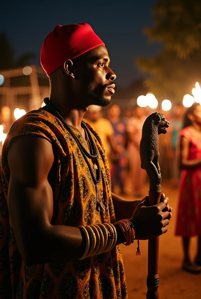 Nigerian man with an adze in each hand and dressed in red throwing fireballs