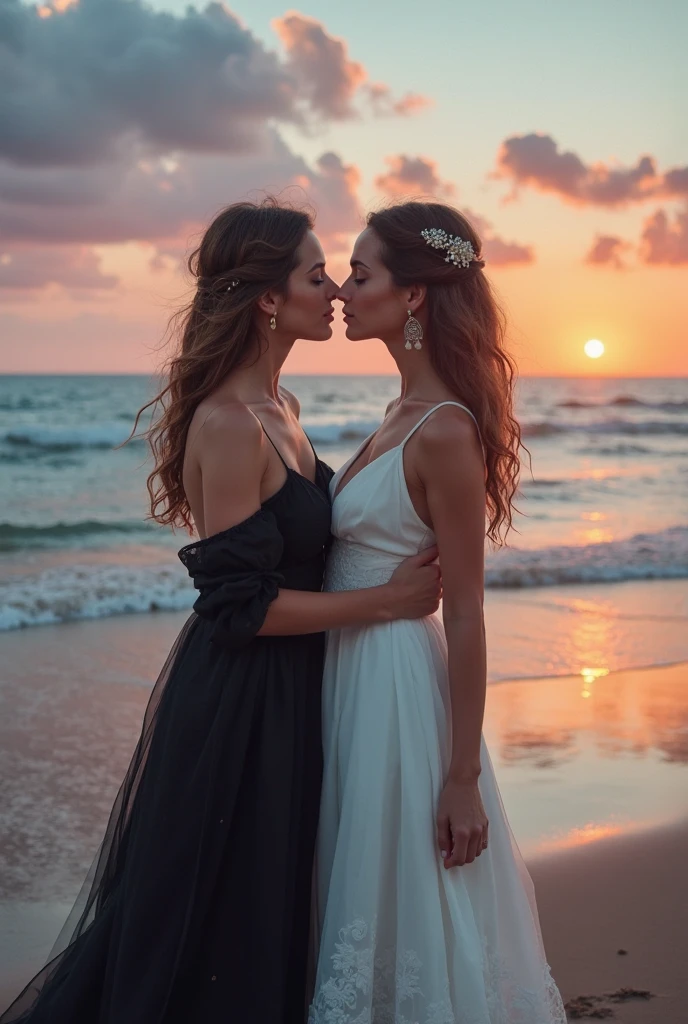 two girl kissing, see her ass,(bright lighting,romantic setting),dreamy background,bondage,dark hair, mesmerizing gaze, , soft skin, alluring beauty, artistic portrait, high-quality image, vibrant colors,translucent silk wedding dress, mosquito net,lying down