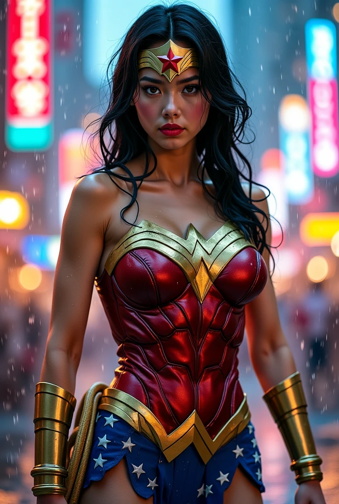 Wonder woman hyper realistic futuristic glossy red glowing neon lights suit cyberpunk