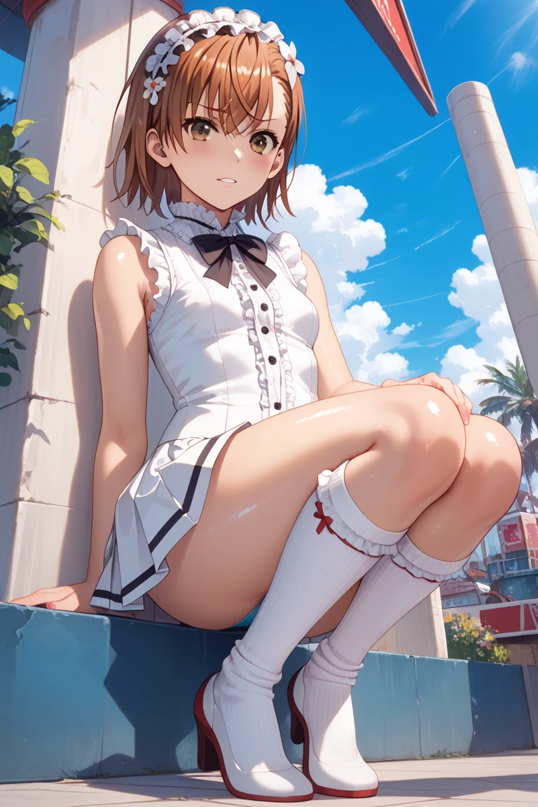 A Female robot is sleeping in forest, spread legs, nude, banzai pose. she wears no dress. She Brown short hair is tied with two big red clothespins, She lifts up the under hem of her white plain dress, leaning over, masterpiece, very short pigtails,brown hair, mature, android, blue eyes, full body figure, Height: 160cm, flushed cheeks, 2020s anime picture, A beautiful robot with short brown hair in two short pigtails held up by two very large huge red clothespins, Uplifting, No NSFW, whole body, barefoot, archaic smile, getting orgasm, 25 years old, sweat bucket, in Obstetrics.