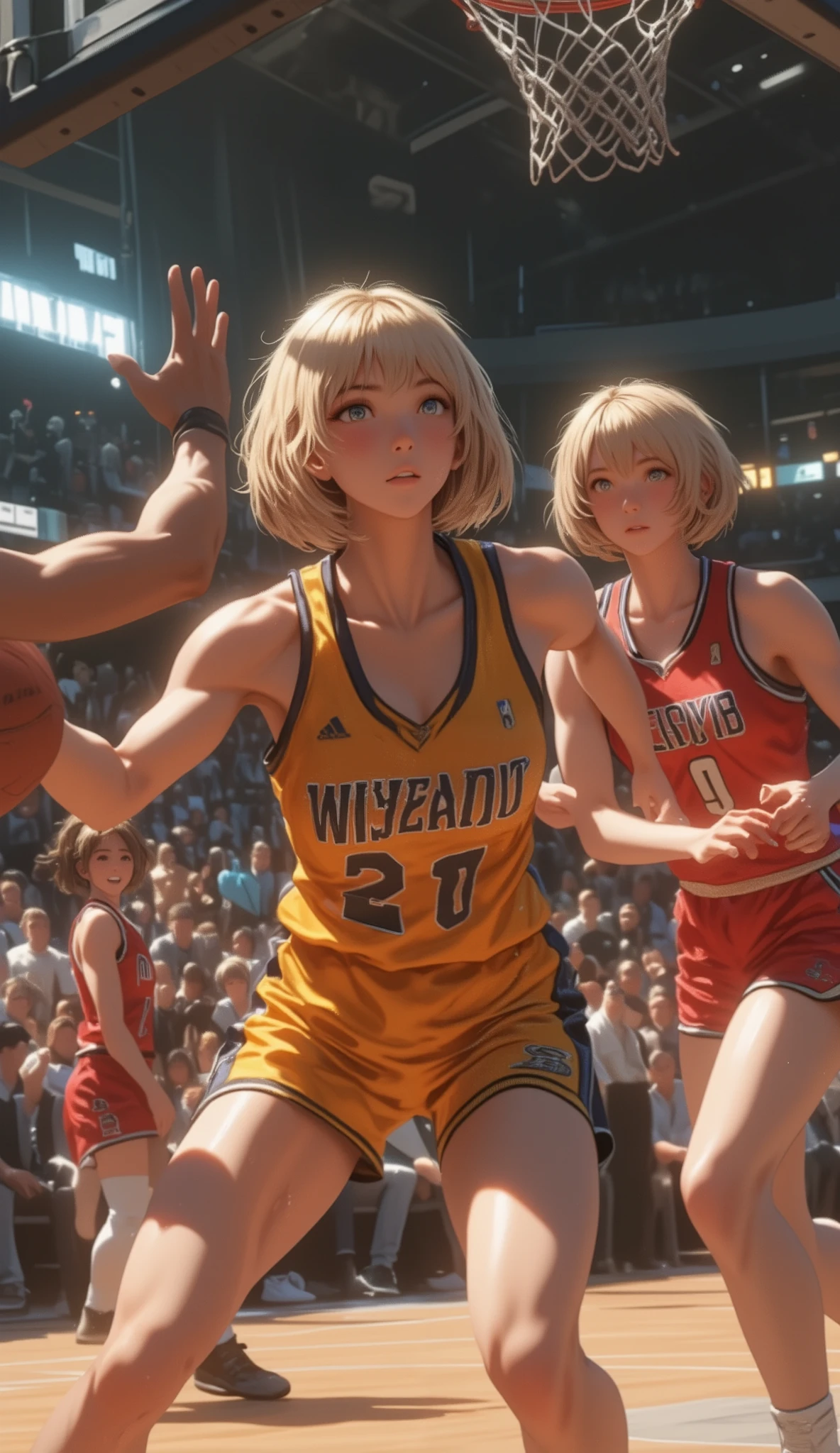 (anime NBA, women's basket ball game:2.0),,(8k, Highest quality, masterpiece,  : 1.2),   atmospheric perspective  , 8k, very detailed,  accurate, Highest quality, masterpiece, very detailed,Sharp Focus , high resolution, (Basketball Uniforms:1.9), ((sweat, Sexy Girls, Big Breasts, Deep cleavage, bouncing breasts:2.0)), (Dunk Shot、dribble、basketball game、A heated match、:2.0),  .