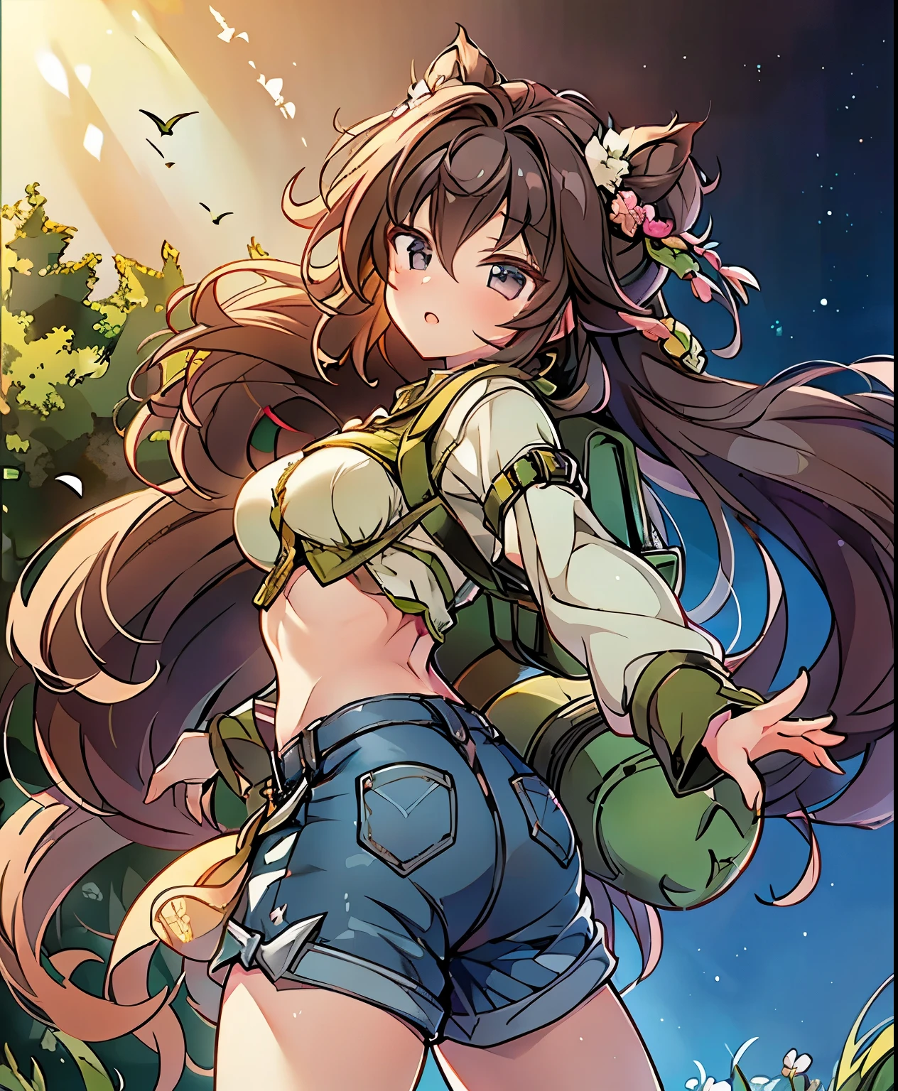 ( masterpiece、 Highest quality、 Highest quality、Official Art、  beautiful and beautiful  :1.2)、(one girl:1.3)  ,、Light green twin-tail, beautiful breasts,( beautiful and spectacular skyline, Majestic Sky), (Extremely tense and dramatic picture, Moving visual effects), ( North Star hanging high , Colorful natural light), (1 girl), (Long sleeve top, denim shorts, backpack), (Dynamic Pose:1.3, dark eyes, Kurohime Cut, Shining Girl)[:0.8], (the vast prairie), ( Approaching Breeze ), (Brown hair and background coordination effects : 1.2), (close-up shot, long shot mix and match)[::0.9]