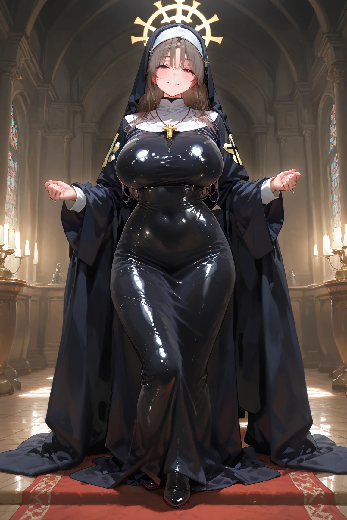 nun, demon girl, walking, , warpriesstes, silver hair, short hair, sacred gauntlets, long ski, cute smile, pure smile, love smile,,veillong skirt, pantyhose, staff holding, armor, gloves, standing, full body,sharpteeth,standing, full body, happy, joyfull
