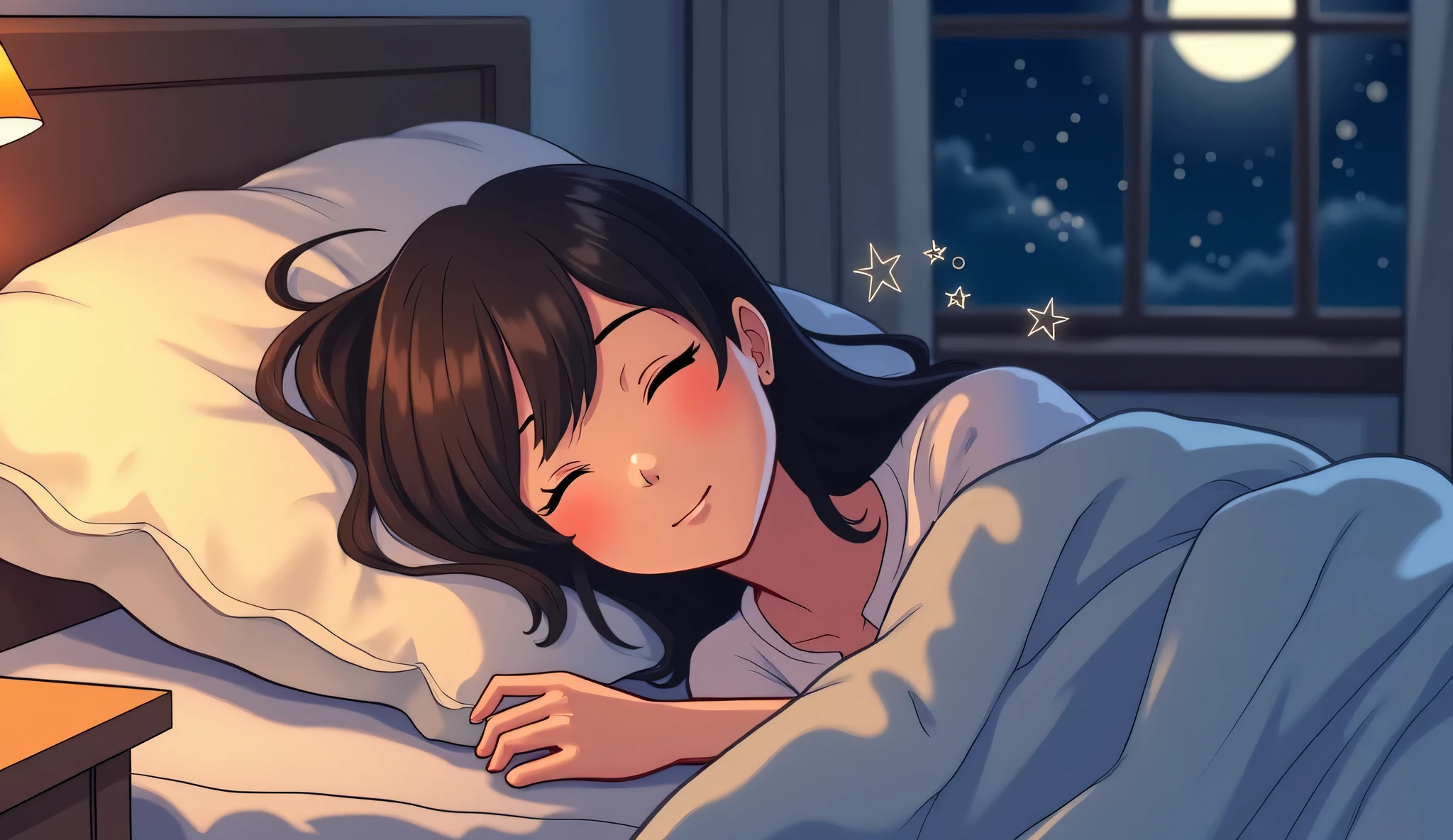 "Retro anime - Flux style illustration of a person lying in bed, eyes gently closed, taking slow, deep breaths. The room is softly lit with warm, muted tones, evoking a serene atmosphere. The character has a calm, peaceful expression, with subtle motion lines or gentle swirls around them to emphasize their breathing. The art style features bold outlines, soft gradients, and slightly grainy texture reminiscent of 80s-90s anime. The background may include soft-focus details like a dim lamp, a window with moonlight streaming in, or floating dust particles to enhance the tranquil mood."
Key Elements to Include:
Character: Relaxed pose, neutral or slightly smiling expression.
Lighting: Warm, diffused glow (moonlight or soft lamp light).
Style: Retro anime aesthetic with Flux-style embellishments.