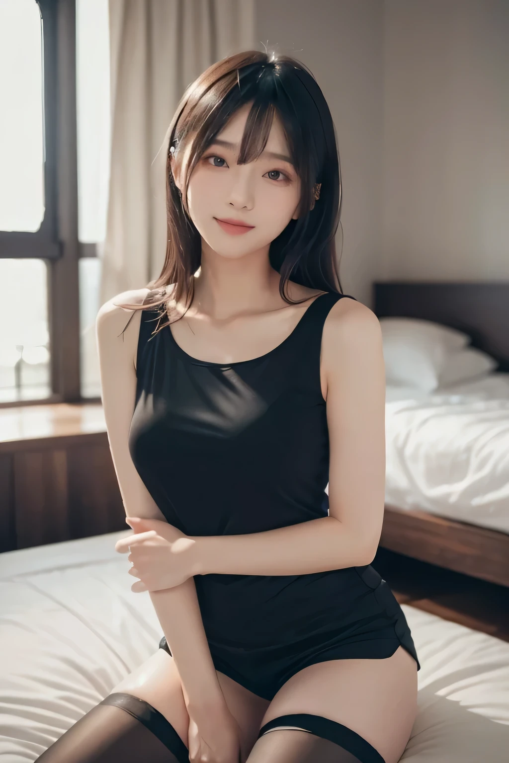 very beautiful girl; 
Age: from 18-20 years old;
Image quality: masterpiece, Highest quality, non-NSFW, 8K CG HD, high solution, Super nice graphics, professional, detail, colourful, ultrafine, advanced techniques, RAW chân thực;
light: complex color combinations, black gold rays;
sunlight: twinkle, illuminate the girl&#39;s body;
((Photos are lifelike:1.2)), ((High resolution:1.2)); a girl with a perfect body; mặt và mắt ultrafine:1.2; long hair; Tank tops come in random colors: 1.2; quần jean ngắn;  have random sizes; Deep chest slit;
