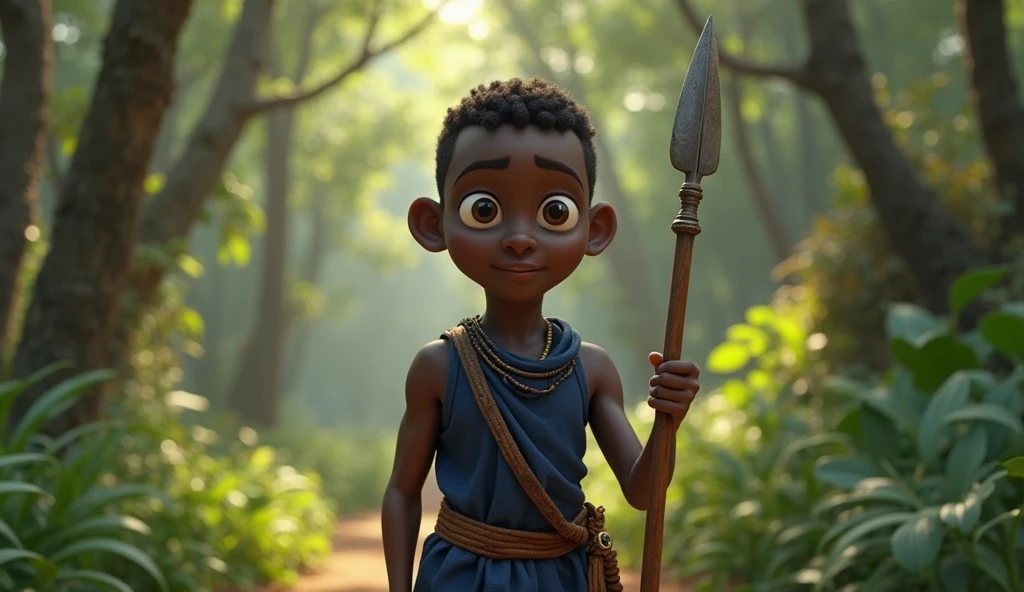 Deus africano, Orixá oxóssi, With an arrow in his hand, Na floresta, perto da cachoeira, homem negro, Forte,  em armadura verde