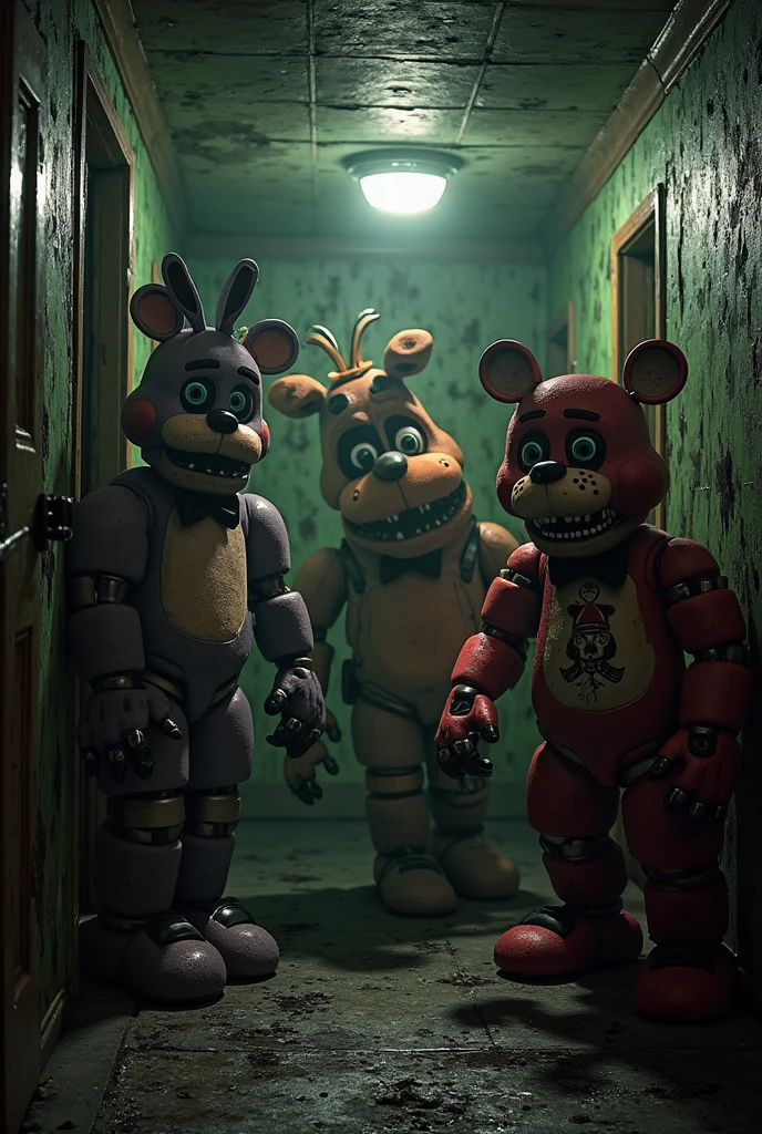 Disco with dance floor and colorful light ball of an abandoned pizzeria with different and terrifying animatronics covered in blood from Five Nights at Freddy's