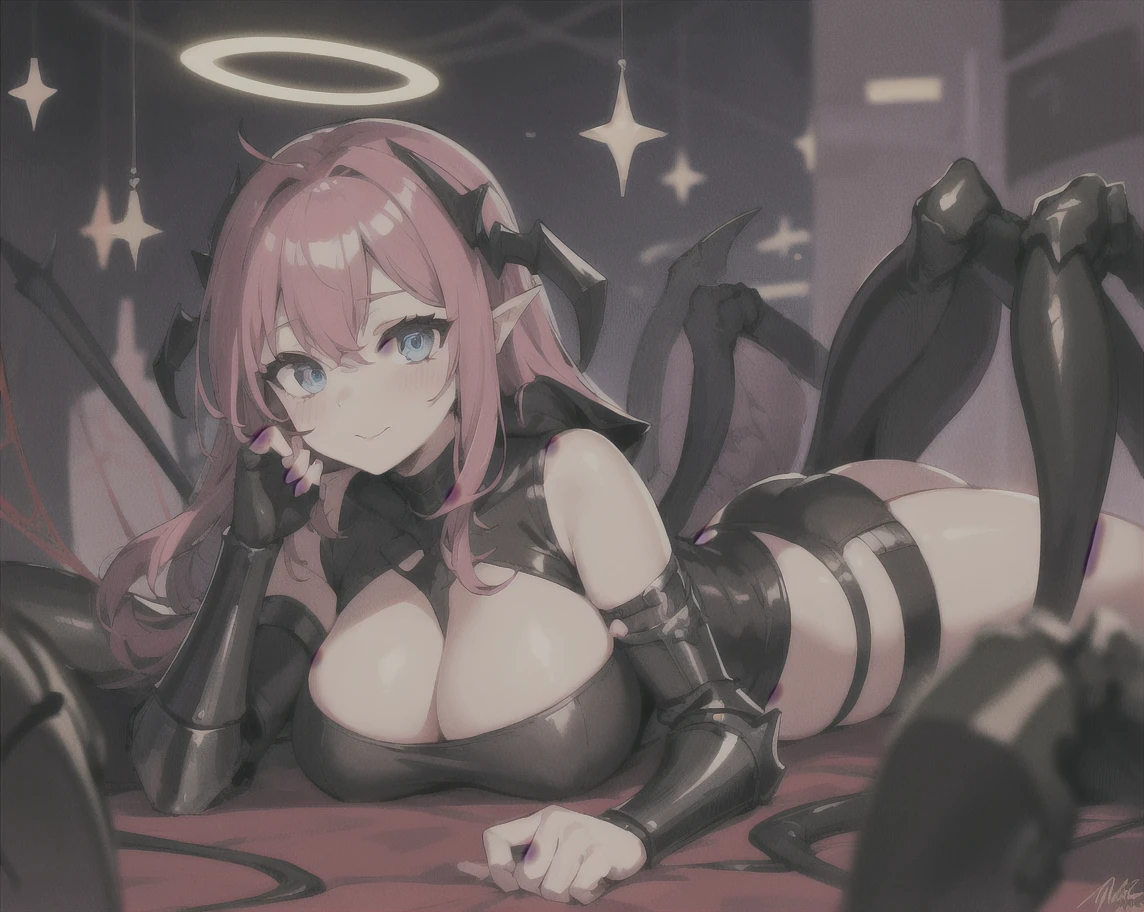 Close-up、1 girl、(Body tights、Black latex long gloves and boots、Light blue lines on the body、Heart Nippleless、I can see your belly button、Lower abdomen tattoo:1.1)、Lightless Eyes、Grin、Black ornament on forehead、Bat feather hair ornament、Spread your legechanical chair、Sit on a pink glowing pipe、Highest quality、masterpiece、High resolution、Exquisite detail、((Real))、black latex gloves、Big Breasts、Chastity belt、Became、(Big Breasts:1.8)、Black costume