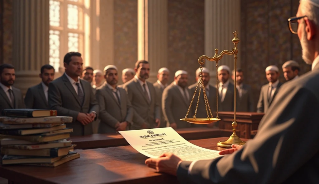 Create a 3D illustration painting depicting a courtroom scene where a person stands accused, uttering the phrase 'to judge that jaj Sahab vah main tha Jisne shikanji p'. Capture the tension and drama of the trial, emphasizing the defendant's assertion amidst the judicial scrutiny and audience reaction