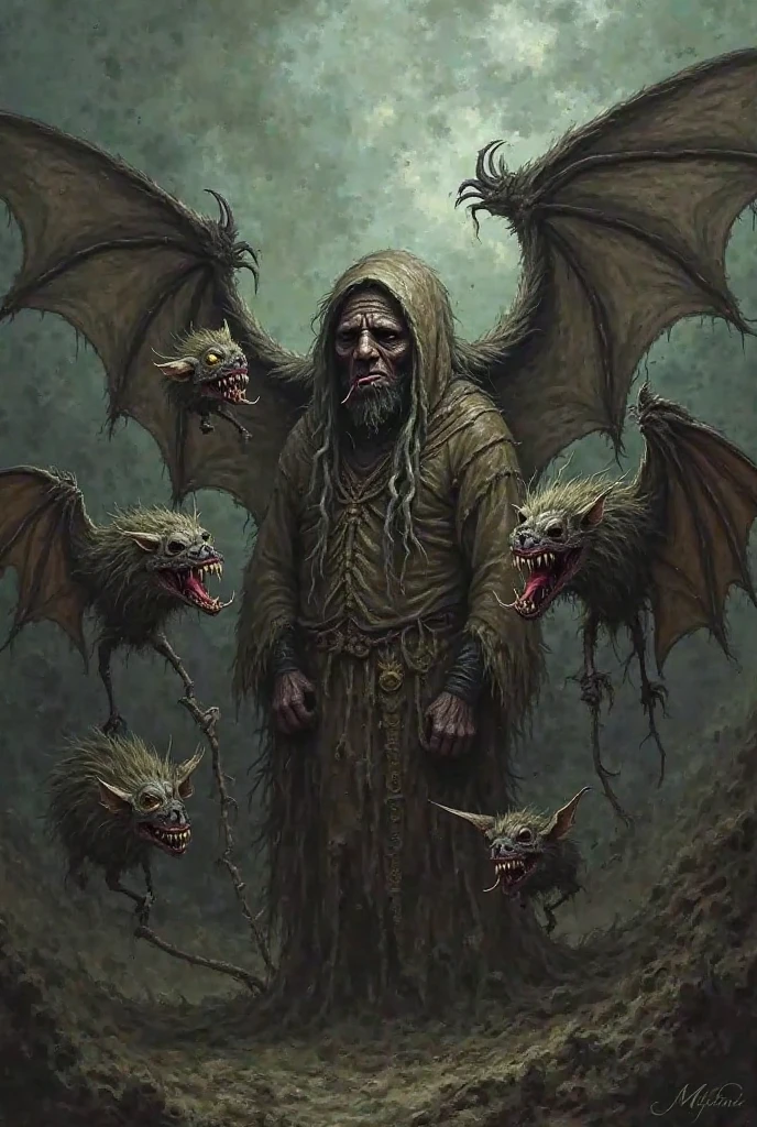 monstrous, Beautiful, Masterpiece, Best quality, perfect lighting, monster smile with crooked fangs, mask covering eyes, Very skinny, disproportionately long arms, head of a vulture, scruffy dirty feathers, A sinister aura, something, chained, deity, pentagrams, cultist clothing