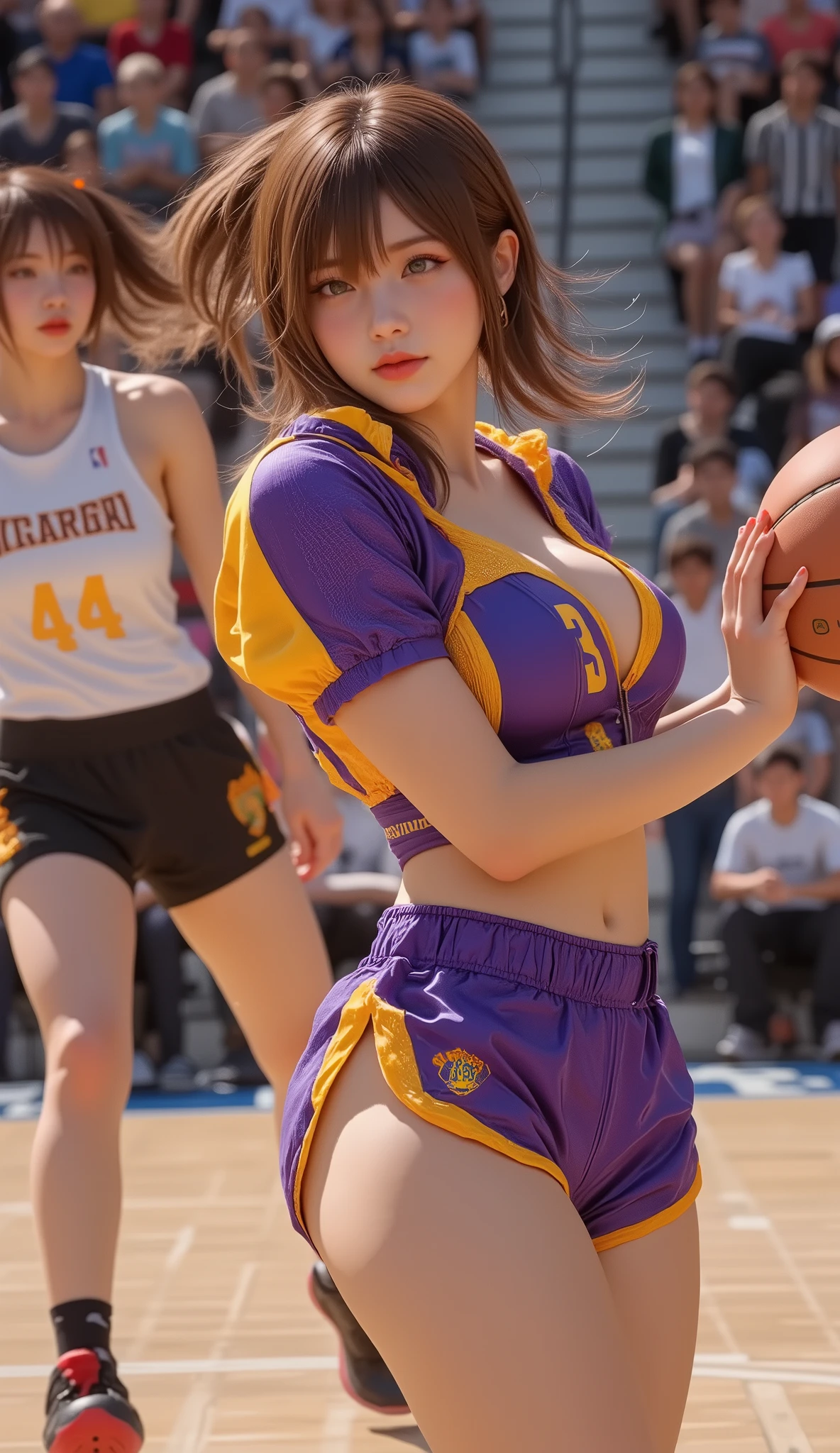 20 years old. Of Golden Skin, long dark brown hair, ( detail face ) playing girls basketball in basketball costume (big boob, big ass) sexy outfit, exposing clivage, candid picture, basketball area with many crowd in background A plump chest，Bigchest，breasts too large，Extra large breasts，Realisticstyle，Deep cleavage，perfect bodies