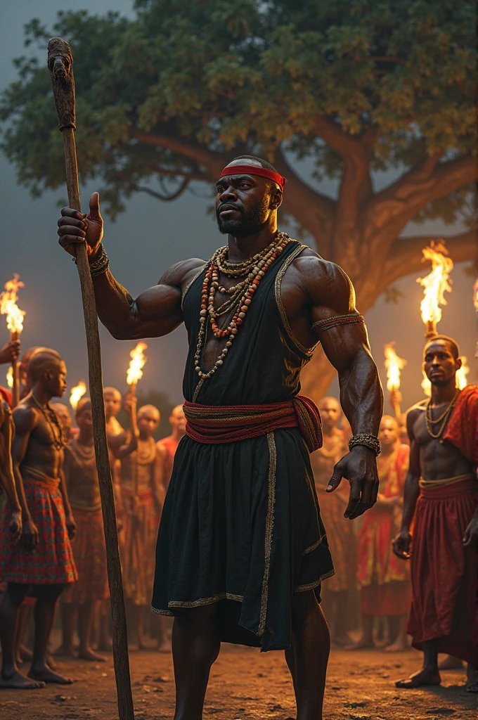 "A powerful and majestic depiction of Xangô, the Yoruba orixá of thunder, lightning, fire, and justice. He is shown as a strong, regal African man, wearing traditional Yoruba attire including a crown and vibrant red and white robes. Xangô is holding a double-headed axe (oxé) symbolizing his power. The background features a stormy sky with lightning bolts, representing his control over thunder and lightning. The scene is dynamic and filled with energy, highlighting his fierce and just nature."