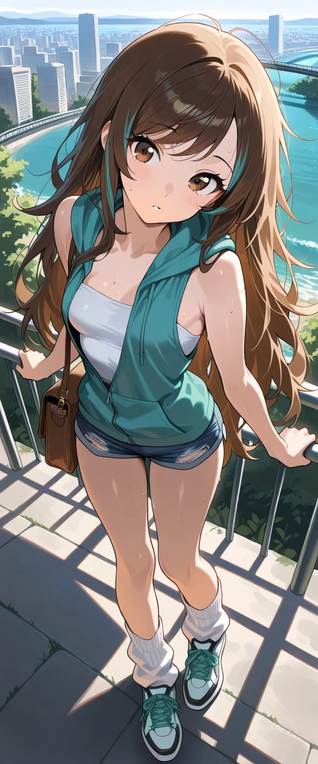 High resolution, high quality, One girl, Anime Girls, Brown long hair, Brown eyes, Pink Glasses, Sunburned skin, Large Breasts, (Big Ass),beautiful ass,pink cardigan,pink skirt,sweat,wet,Embarrassed,arms behind head,standing,(water),(water),hydrangea,(噴waterショー),Dynamic pose,