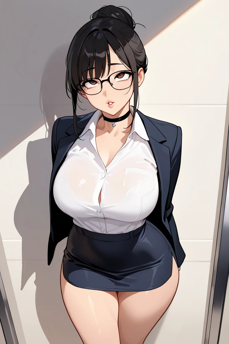 anime cels style, best quality, high resolution,1girl, minakatahizuru, (black hair:1.1), (purple eyes:0.7), (black-framed eyewear:1.3), (huge breasts:1.2), cleavage, black jacket, black suit