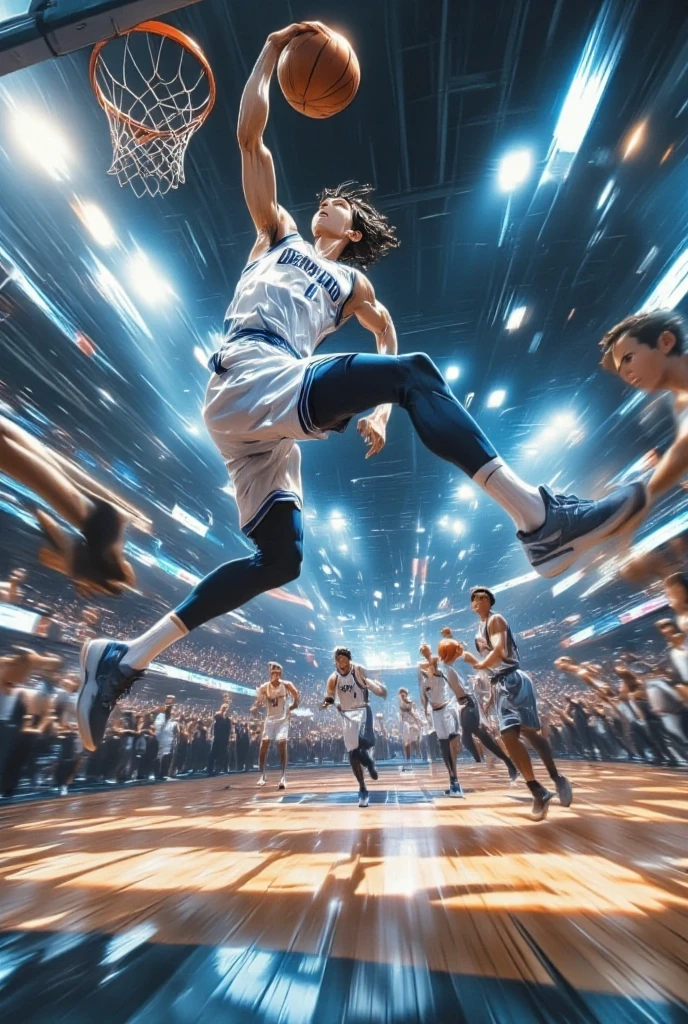 NBA basketball scene, (dark-haired young man" Asuka"Slam dunk shot slamming against a goal post with both arms), (1ball, Goal post shaking due to impact, white uniform), dynamic action((extreme low angle, motion blur:1.2, speedline, action line, dramatic lighting, 背景ブラー on NBA basketball court,))