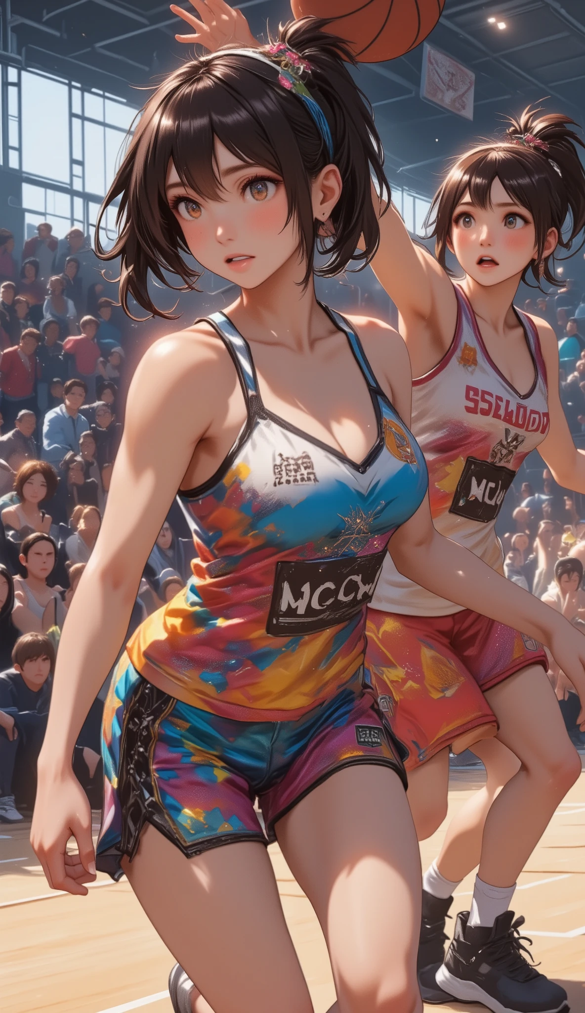 (anime NBA, women's basket ball game:2.0),,(8k, Highest quality, masterpiece, : 1.2), atmospheric perspective , 8k, very detailed, accurate, Highest quality, masterpiece, very detailed,Sharp Focus , high resolution, (Basketball Uniforms:1.9), ((sweat, Sexy Girls, Big Breasts, Deep cleavage, bouncing breasts:2.0)), (Dunk Shot、dribble、basketball game、A heated match、:2.0), .