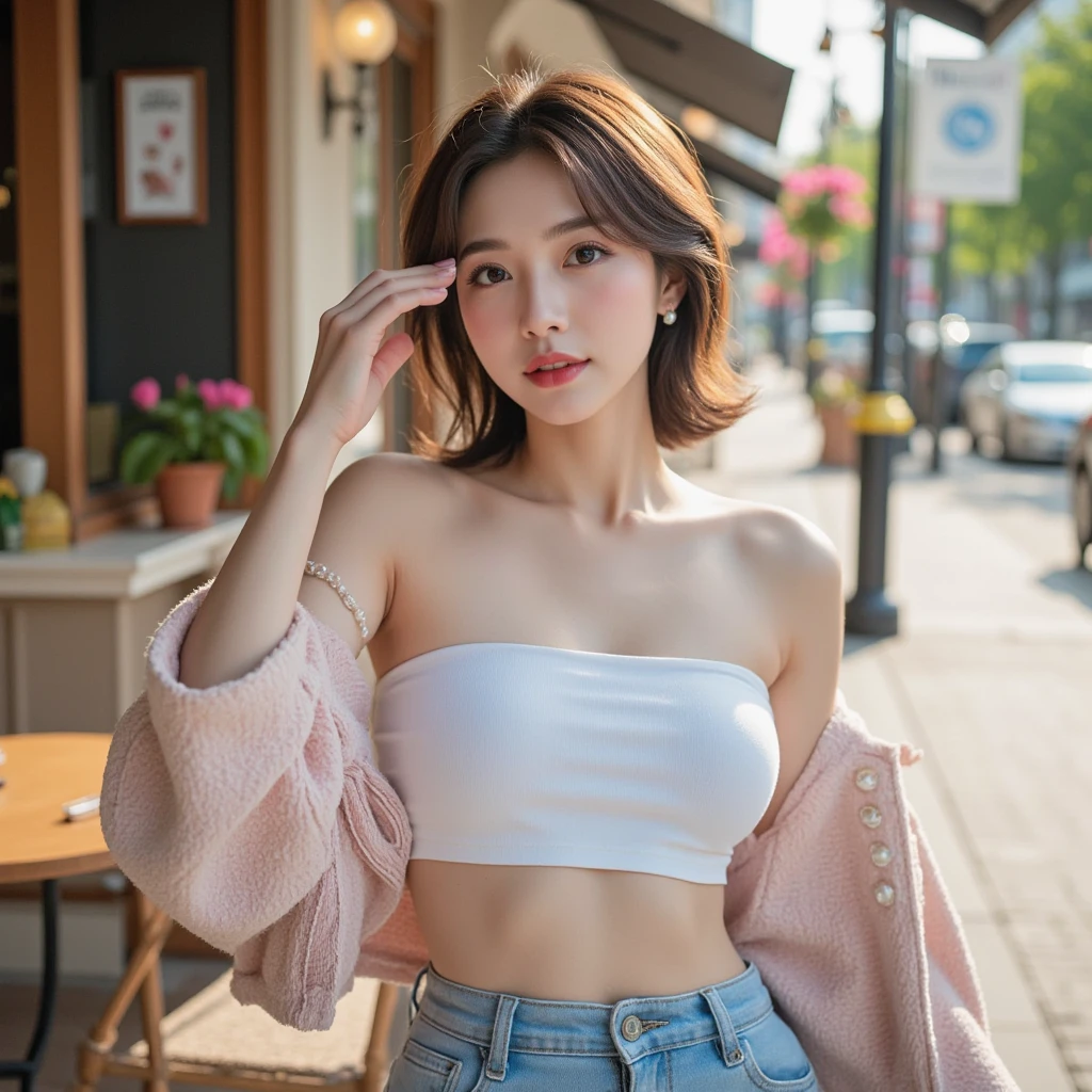 The 8k quality、Top image quality、超A high resolution、​masterpiece、Photorealsitic、1 girl in、tense look、Trendy makeup、bob cuts、（off shoulder shirt、Clothes that fit the body）、Cecessy、ciinematic light、The protagonist、the chaos、Super Slender、g-cup、（Do not wear underwear）、in a crowd of people、Number of people who are about to be crushed、Dynamism、a necklace、Beginning of the story、Magazine covers、Focus only on the main character、The best looks in the world、