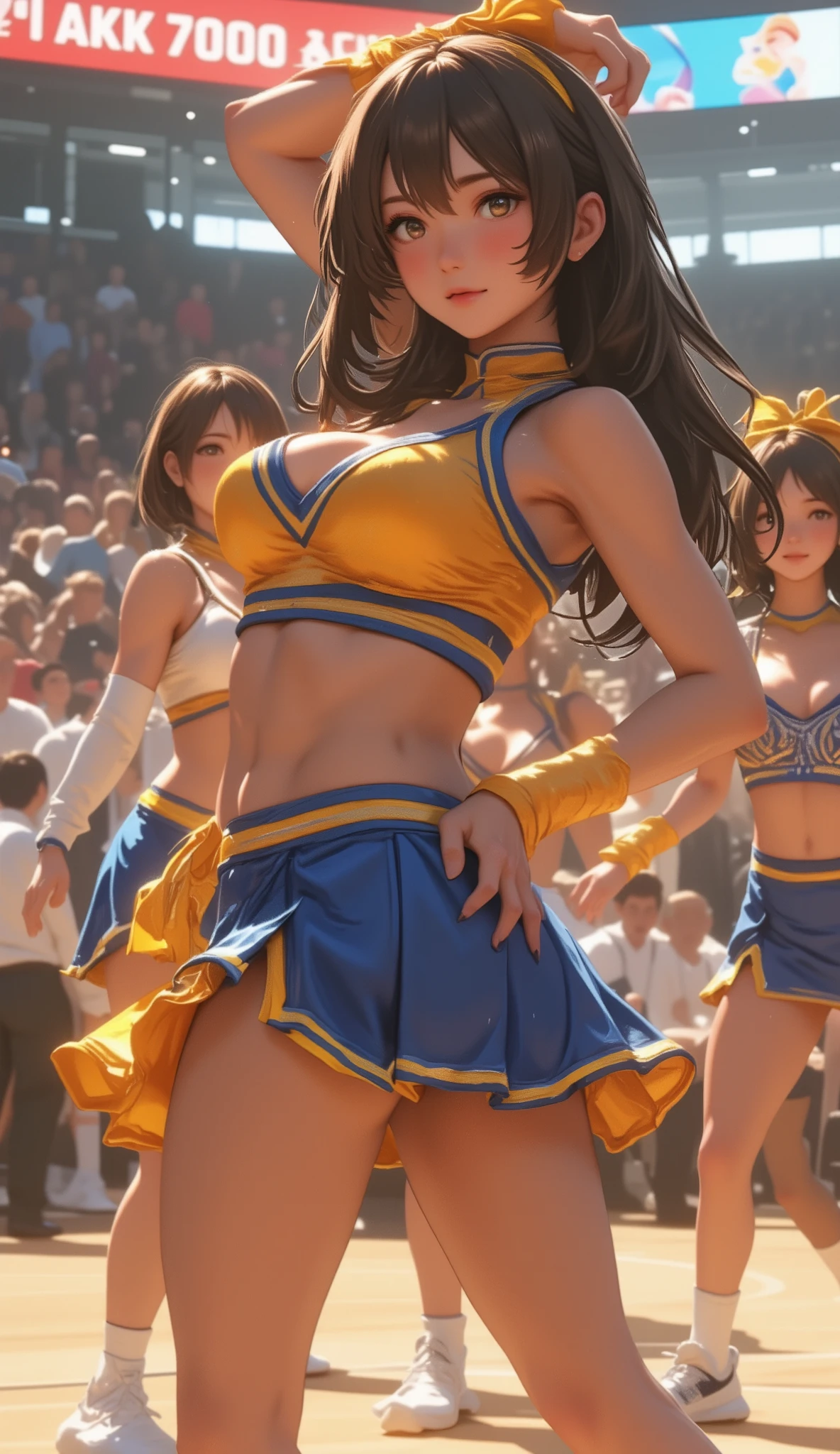 (solo:1.3), (1 skinny cheerleader rooting for viewer:1.2), (violently bouncing large breasts:1.2), cleavage, (dancing violently:1.2), shaking chest, open legs, BREAK, (short cheer uniform), sleeveless, bared stomach, (flapping too short skirt), show off thigh gap, long skinny legs, bared legs, skinny too narrow waist, very short torso, BREAK, nsfw, orgasm, heavy breathing, pussy juice, (coverd erectile nipples), (forced smile but feeling fear)