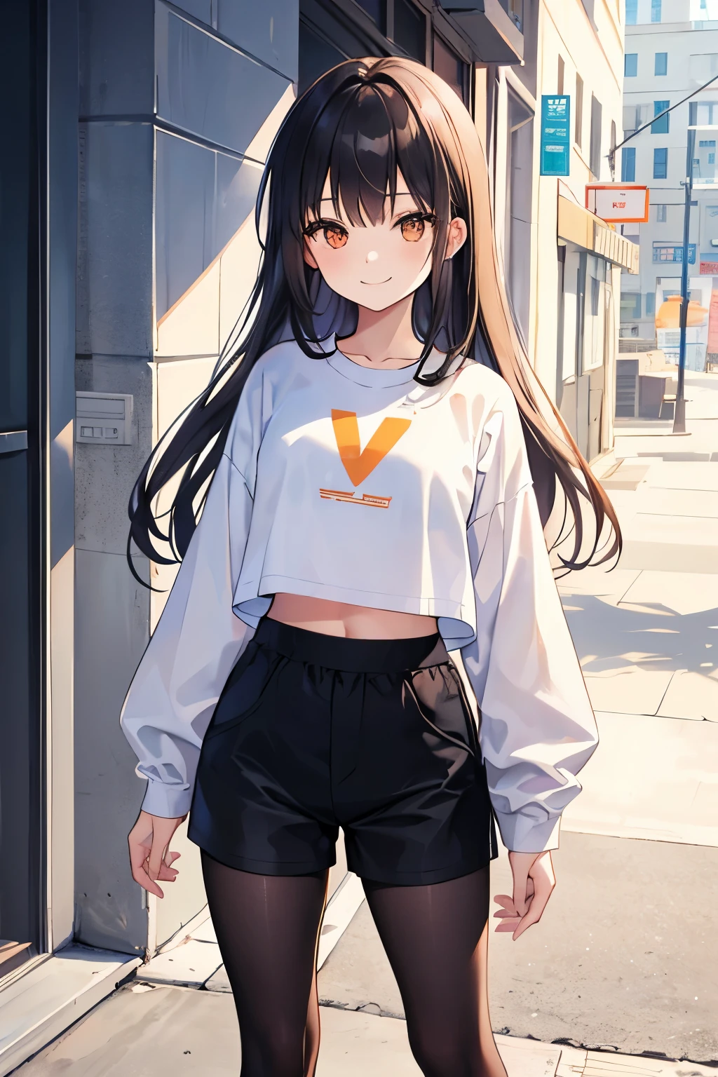 young girl, 11 anos,  long hair,  black hair, wearing a white cropped t-shirt,  long sleeve with orange details and black high-waisted shorts, knee-length black tights , smiling discreetly . Best quality, hd, obra-prima, detalhado 1.2, 