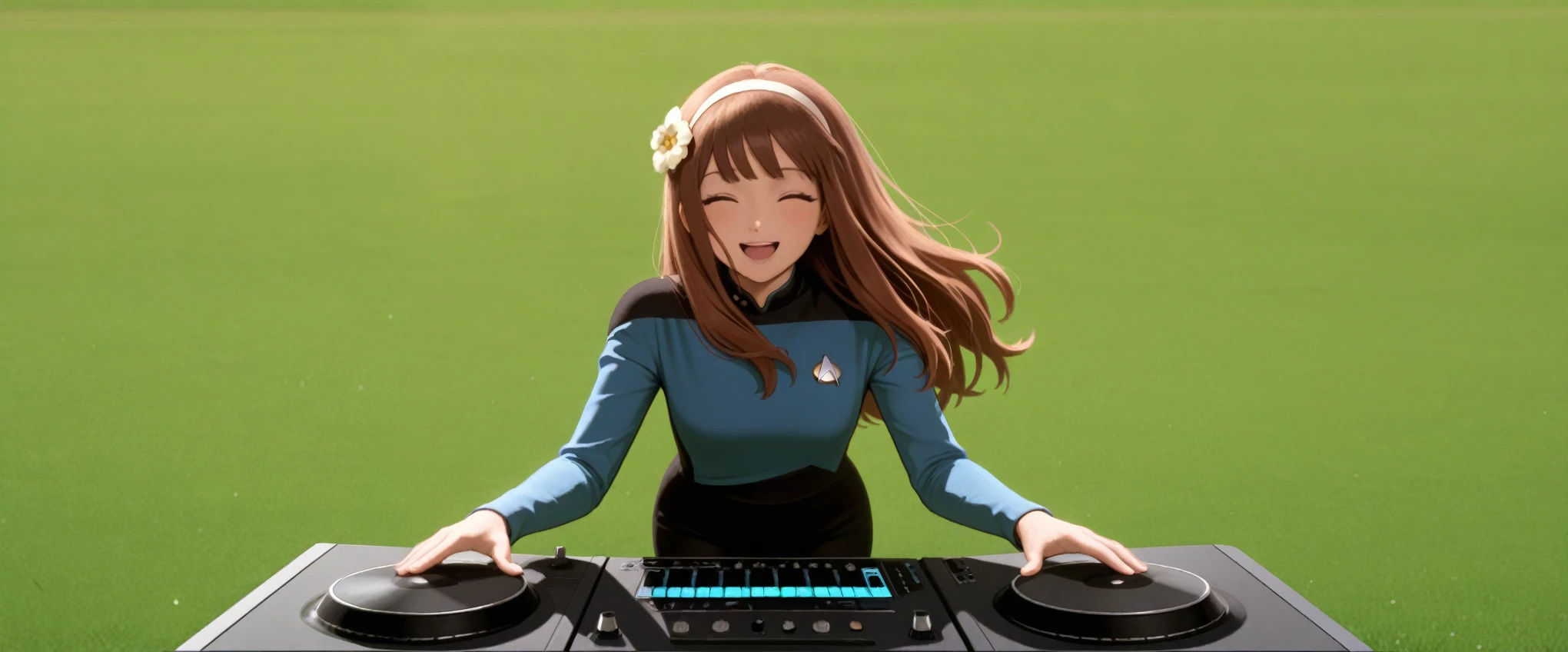 masterpiece,best quality,
,solo,,hairband , brown hair,long hair,bangs,in a garden,flower in hair,green grass,sun,happy, DJ, DJing at rave, TNG blue uniform,black pants ,