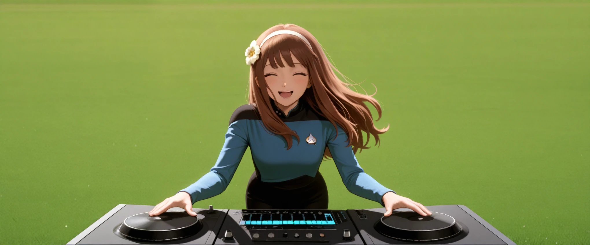masterpiece,best quality,
,solo,,hairband , brown hair,long hair,bangs,in a garden,flower in hair,green grass,sun,happy, DJ, DJing at rave, TNG blue uniform,black pants ,