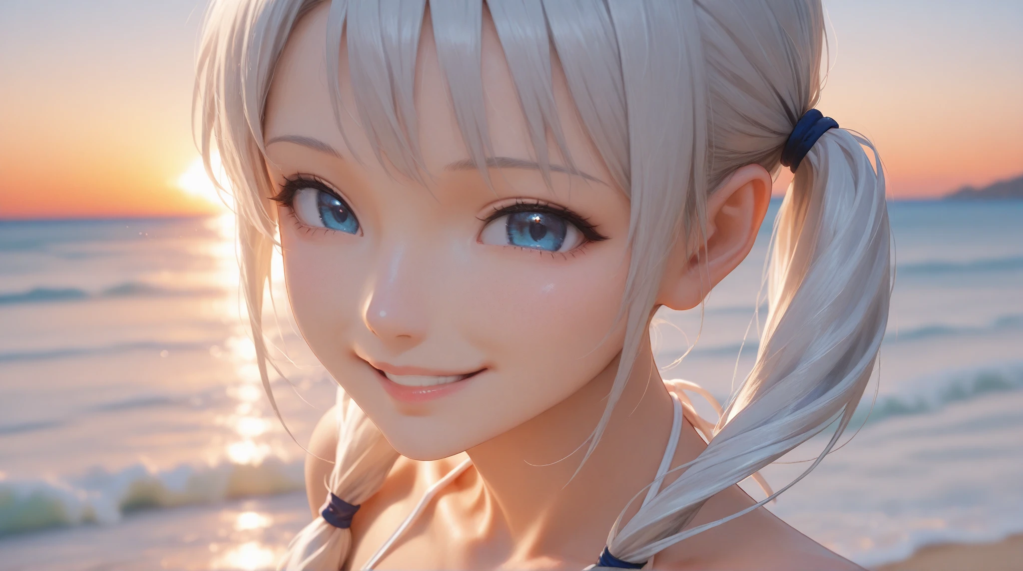Silver Hair、short hair、albino、Odd Eye、20-year-old、Second university student、Kind woman、Docile woman、smile、Lemon yellow bikini、、Hawaii Beaches、Cleavage